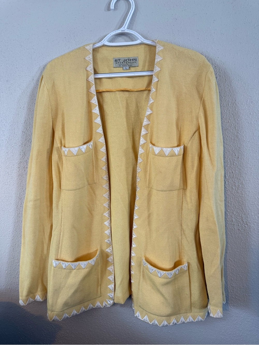 St. John Yellow Open-Front Cardigan with White Trim